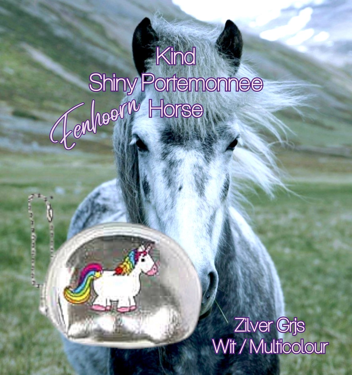 Huiscollectie - LFA - Mini portemonnee / earplug etui /snuisterij tasje - éénhoorn paardje - regenboog manen / staart - Zilver Grijs / Wit Multicolour - Shiny lak leder - 6,5x5,5 cm - kinderen - unisex - casual feest verjaardag