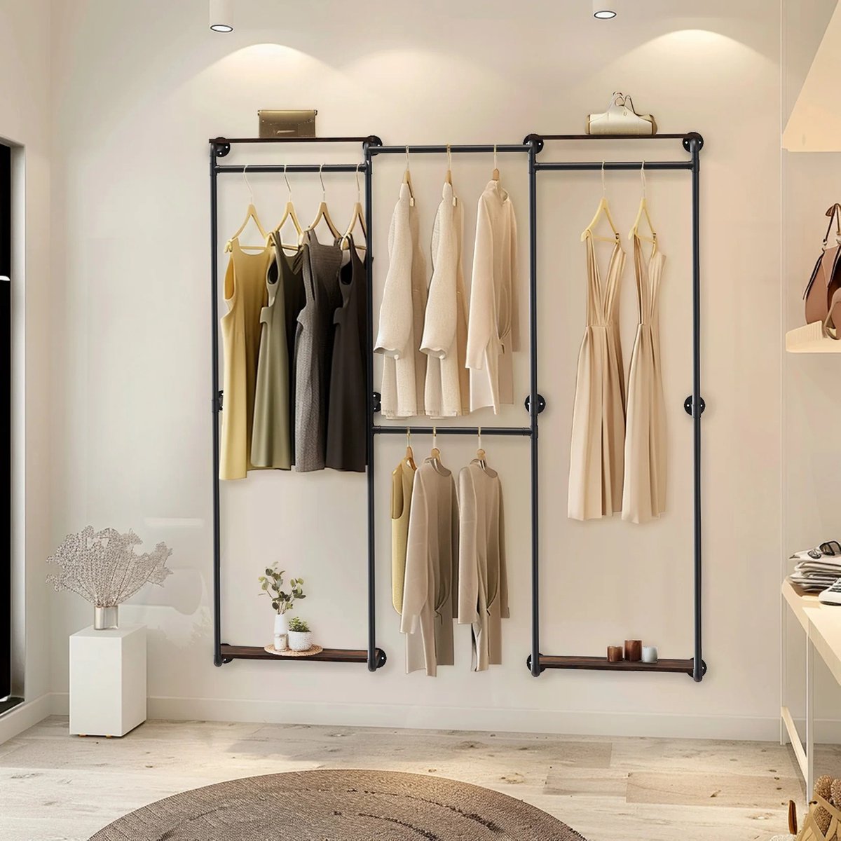 Jemaison® Kledingrek muurmontage - Hoek - Planken - Kledingrek zwart - Kledingstangen voor aan de muur - 185 x 30 x 200 cm
