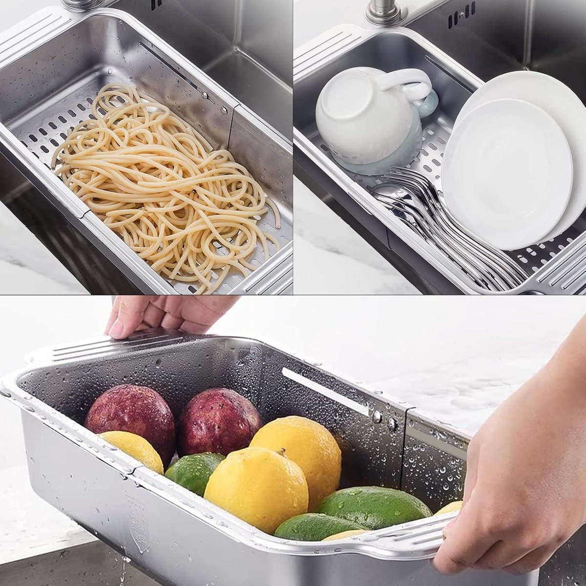 2 Stuks Vergiet Keuken Uitschuifbaar  36-49 Cm  Zeefmand Over De Gootsteen Keukenzeef Gootsteenzeef Filterbak Afdruiprek Zeef Keukenzeef Groenten En Fruit Wassen Grijs Wit