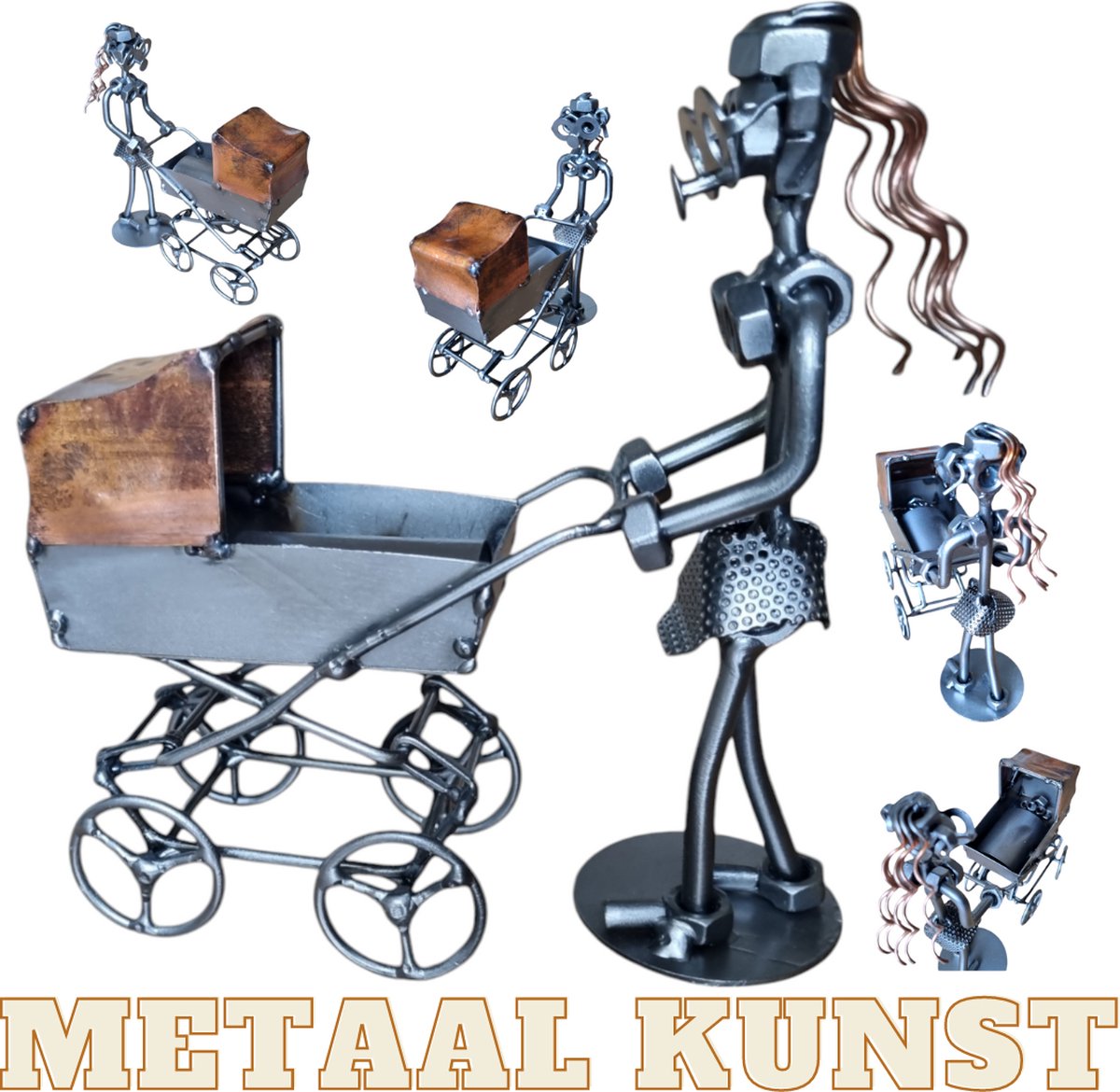 Moeder met kinderwagen-metaal kunst-metaal beeld-baby-moederschap-familie-gezin-het best cadeau-uniek-verjaardag-sinterklas gift-kerst-geschenk