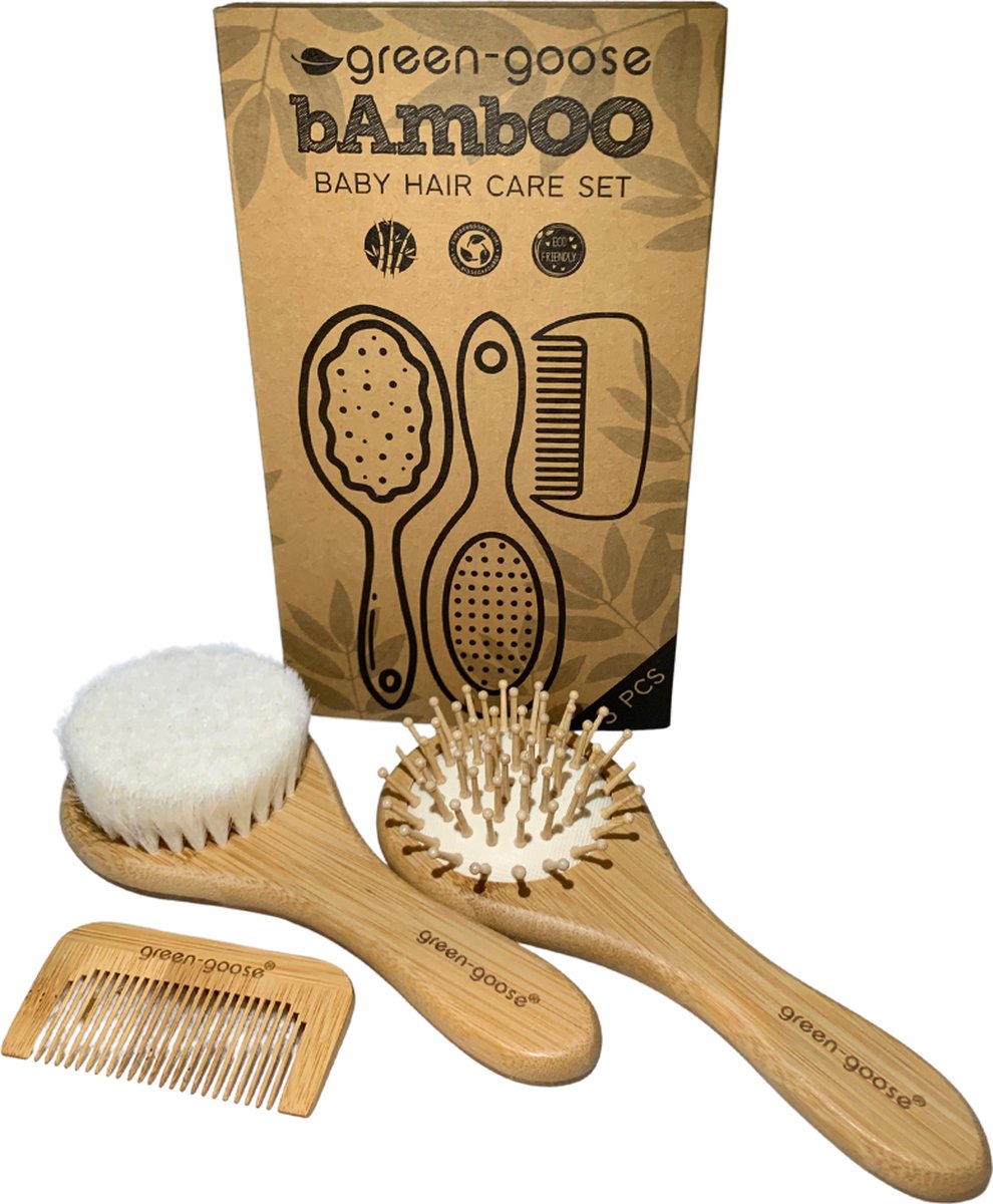 Goedkoopste green-goose® Bamboe Babyborstel met Kam | Zachte Borstel | Haarverzorging Baby | Duurzaam Kraamcadeau | Baby Borstels | Baby Kam