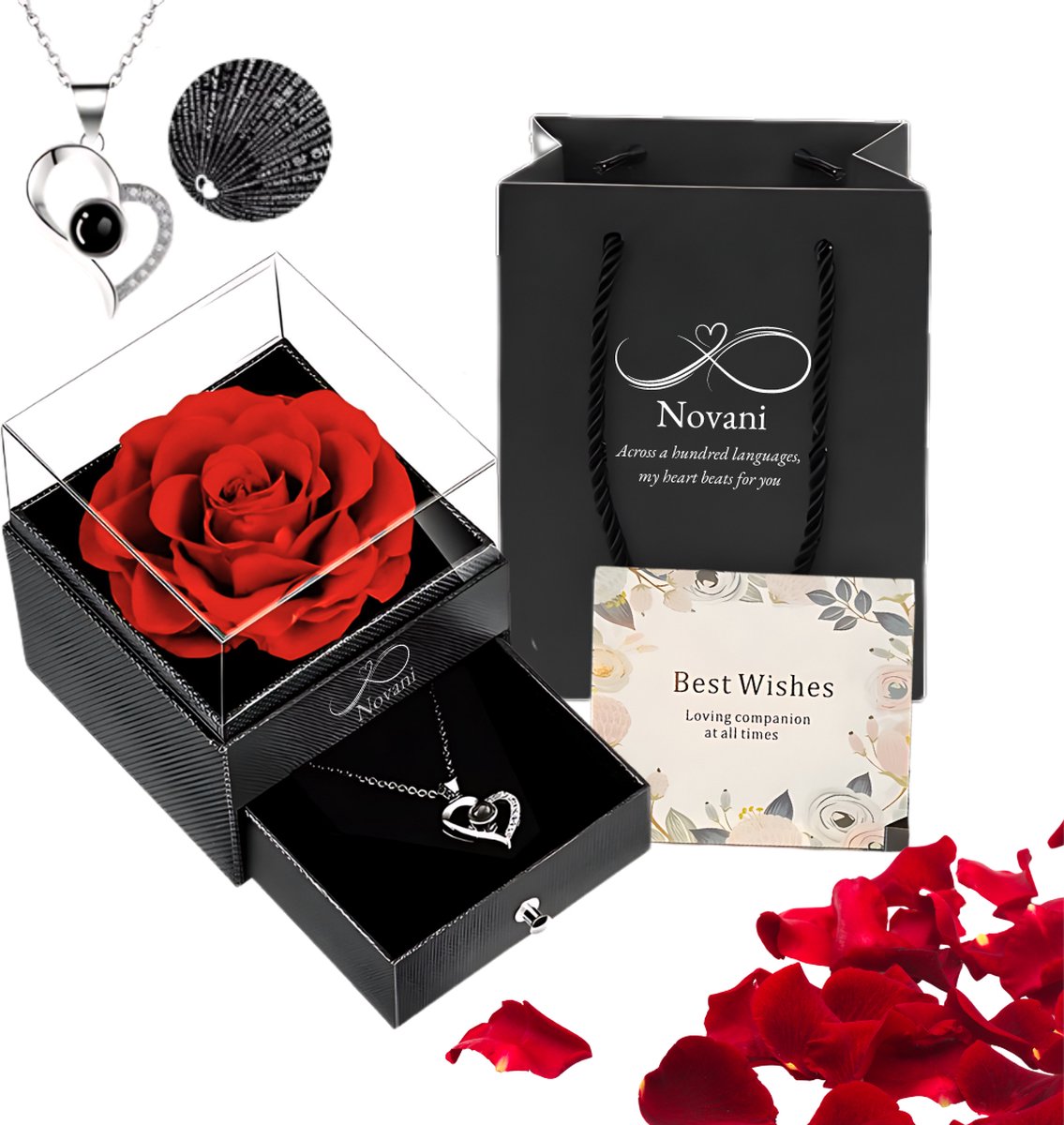 Novani Eeuwige Roos Cadeau - Sieraden Doos + Silver/Rose Hartjes Ketting - Verjaardag Cadeau Vriendin - Romantisch Cadeau - Valentijn Cadeautje voor Haar - Moederdag Cadeautje