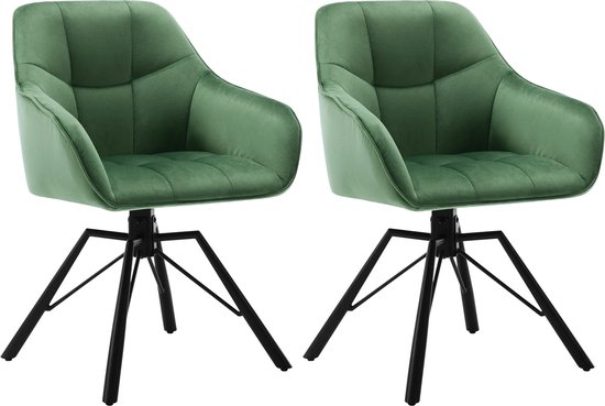 KTN® - Lot de 2 Chaises de salle à manger - Assise pivotante à 360 degrés - Dossier - Accoudoir - Fauteuil - Chaises de salon - Sièges baquets - Velours - Tissu velours - Assise rembourrée - Pieds en métal - Vert
