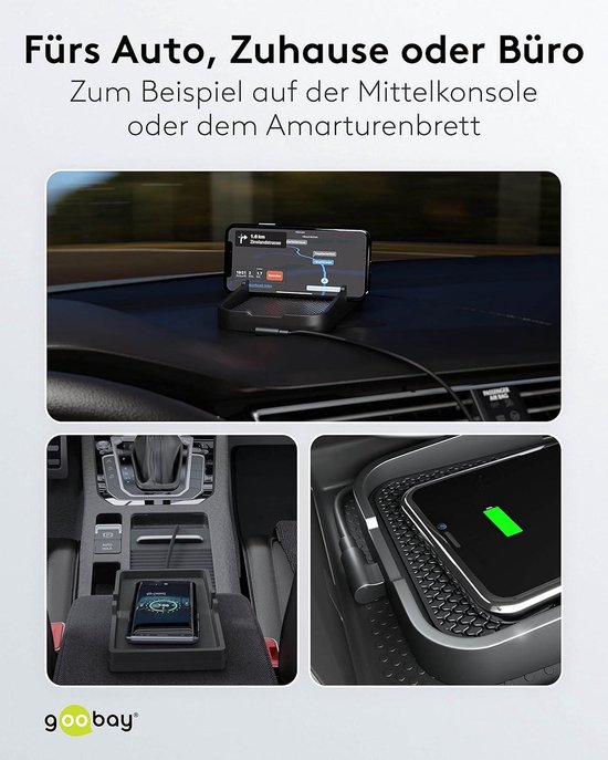 GooBay draadloze oplader in een auto op het dashboard, in de middenconsole en met een smartphone erop.