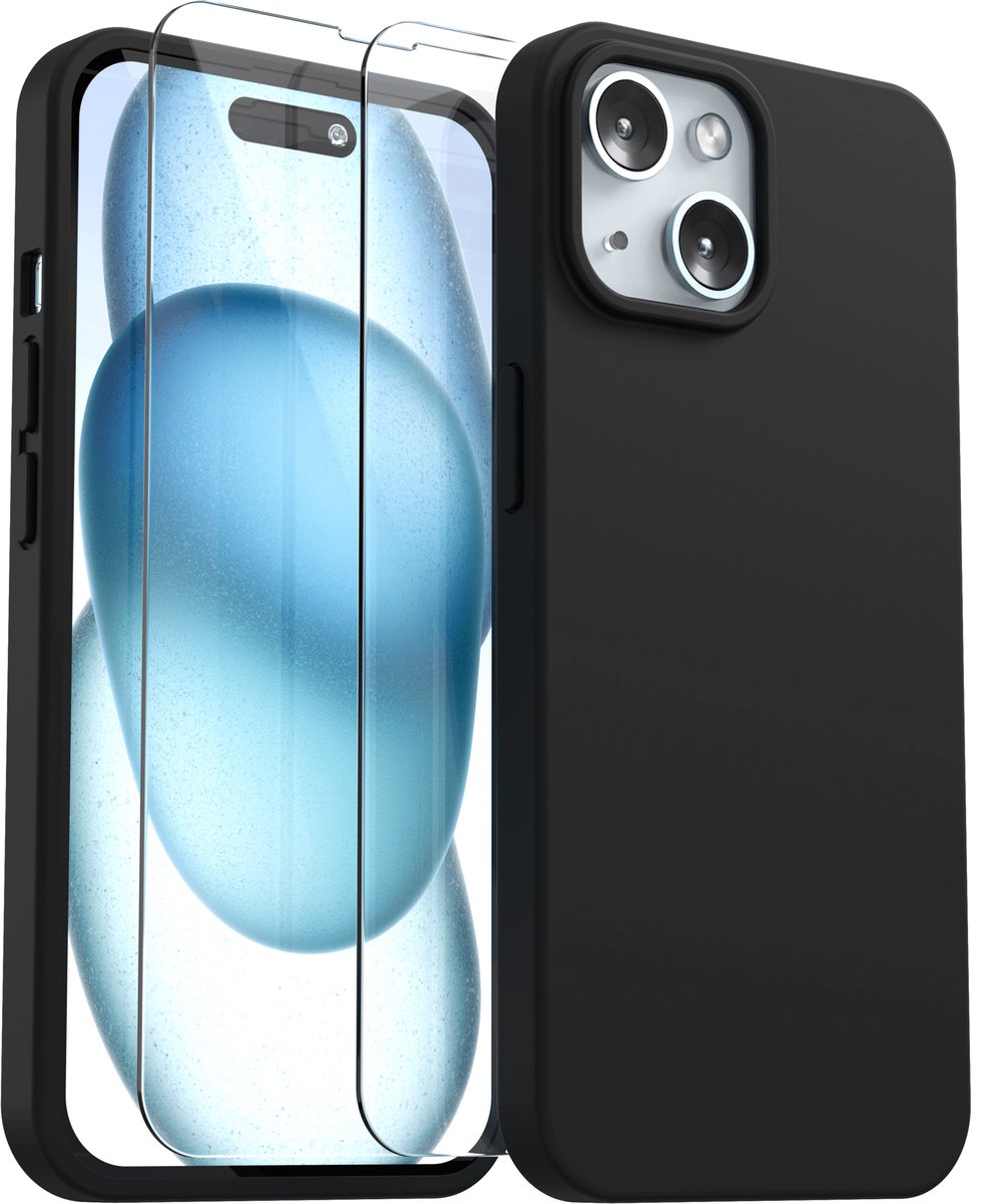 Hoesje Geschikt voor iPhone 15 Plus - Zwart - Anti Shock silicone case hoes - 2x Screenprotector tempered glass