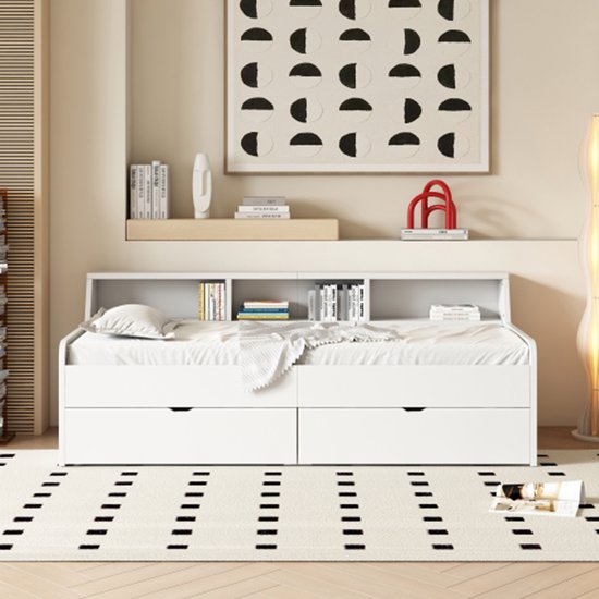 KOMHTOM Lit enfant 90x200 cm Lit de repos avec deux tiroirs et rangement blanc