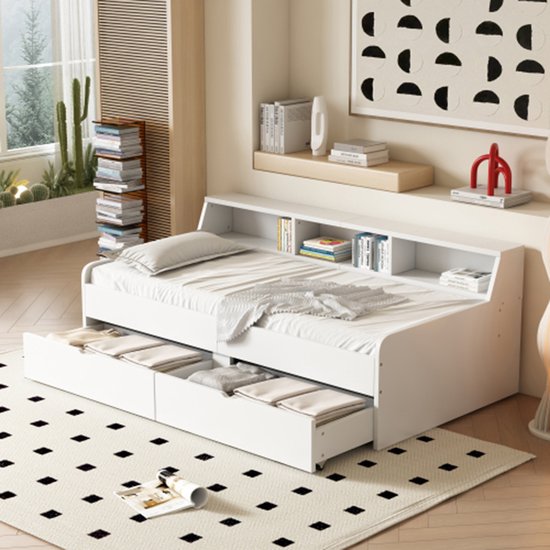 KOMHTOM Kinderbed 90x200 cm Dagbed met twee laden en wit opbergvak