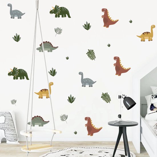 Muursticker Kinderkamer - Babykamer - Gekleurde Dino's - Dinosaurus - Dino - 80x90cm - Jongen