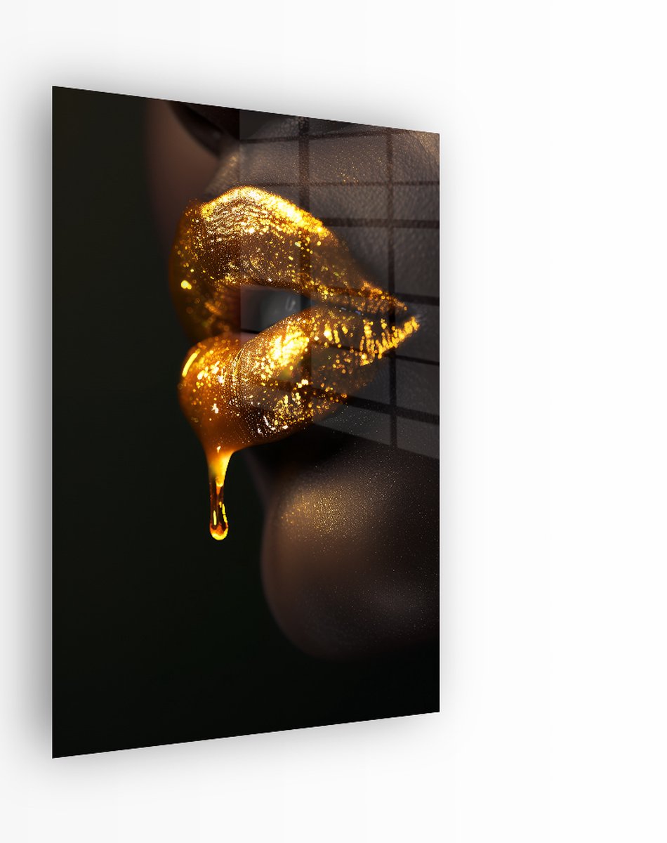Indoorart Glasschilderij Goud Druipende Lippen 80x120 CM - Afbeelding op plexiglas - Inclusief montagemateriaal zwart, wit, goud, bruin