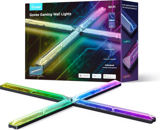 Govee gaming wandlampen in een kruisvorm met regenboogverloop, naast de productverpakking.