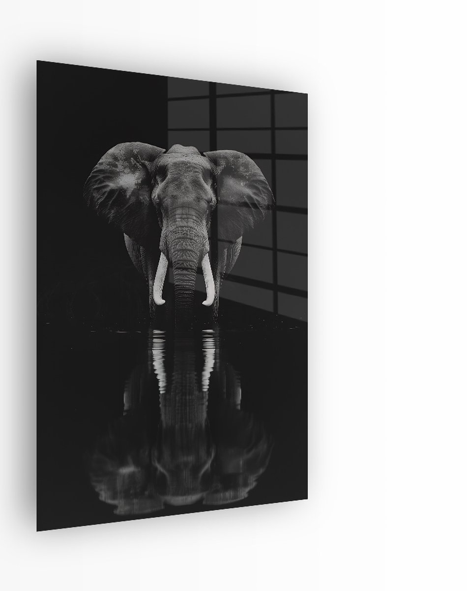 Indoorart Glasschilderij Olifant in het Water 40x60 CM - Afbeelding op plexiglas - Inclusief montagemateriaal zwart, wit