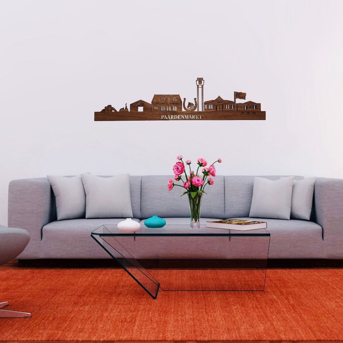 Skyline van Paardenmarkt Hedel - Notenhout - 60cm - Wanddecoratie van hout