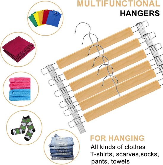 Amber Home 35,5 cm witte houten broekhangers 20 stuks, gladde houten rok hanger organizer met verstelbare anti-slip chromen clips, ruimtebesparend massief kledinghangers rek voor bodems jeans broeken