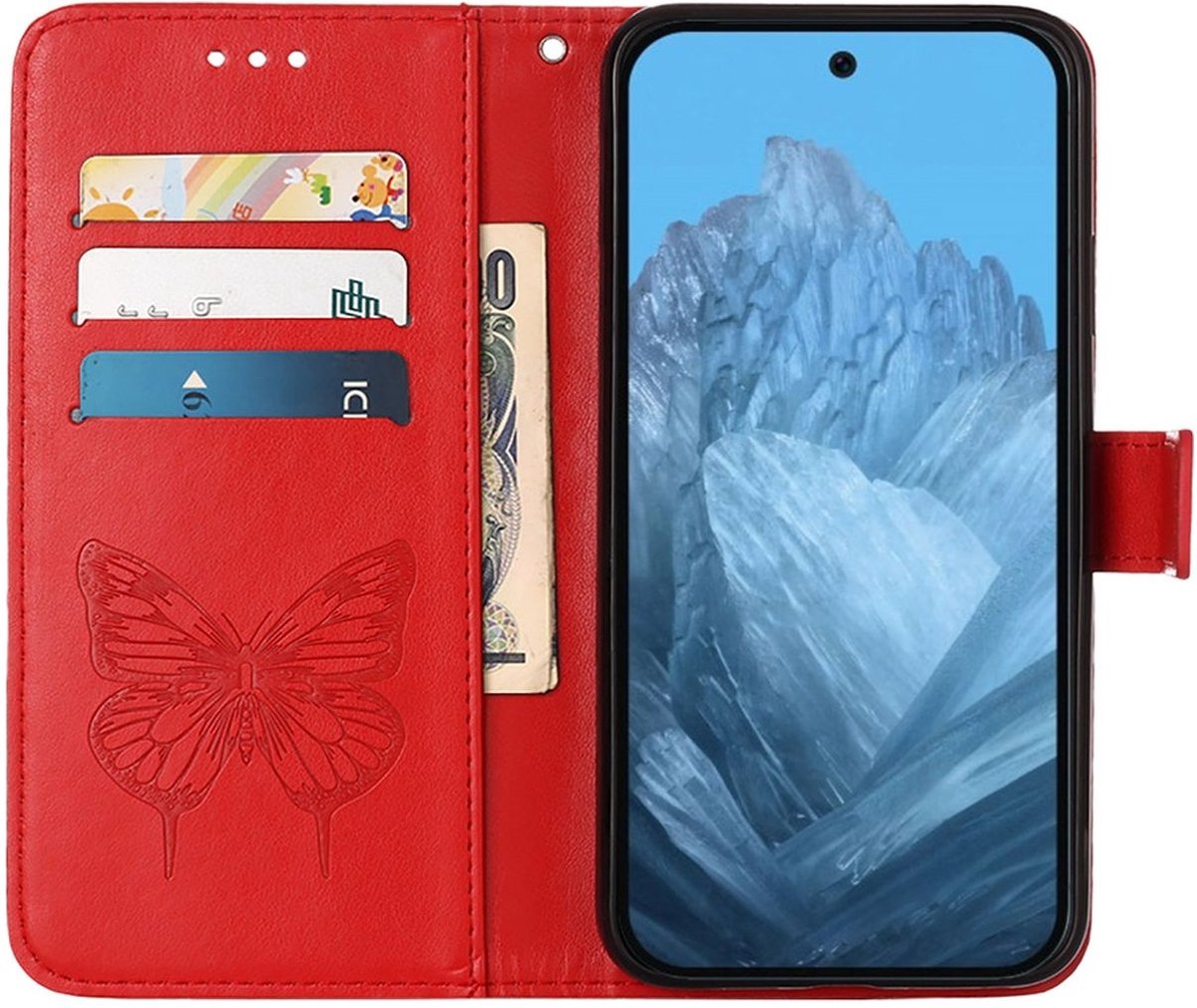 Mobigear Telefoonhoesje geschikt voor Google Pixel 9 Hoesje | Mobigear Butterfly Bookcase Portemonnee | Pasjeshouder voor 3 Pasjes | Telefoonhoesje voor Pinpas / OV Kaart / Rijbewijs - Rood