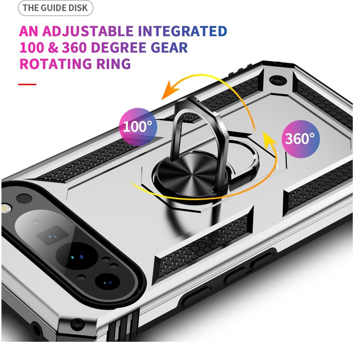 Mobigear Hoesje geschikt voor Google Pixel 9 Pro XL Telefoonhoesje Hardcase | Mobigear Armor Ring Backcover Shockproof met Ringhouder | Schokbestendig Pixel 9 Pro XL Telefoonhoesje | Anti Shock Proof - Zilver