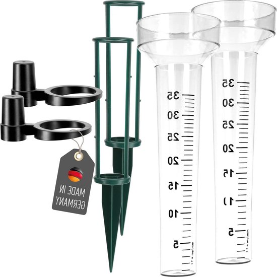 Foto: Regenmeter set van 2 houder en grondpen neerslagmeter voor buiten kunststof glas regenhoeveelheid regenhoeveelheidsmeter transparant