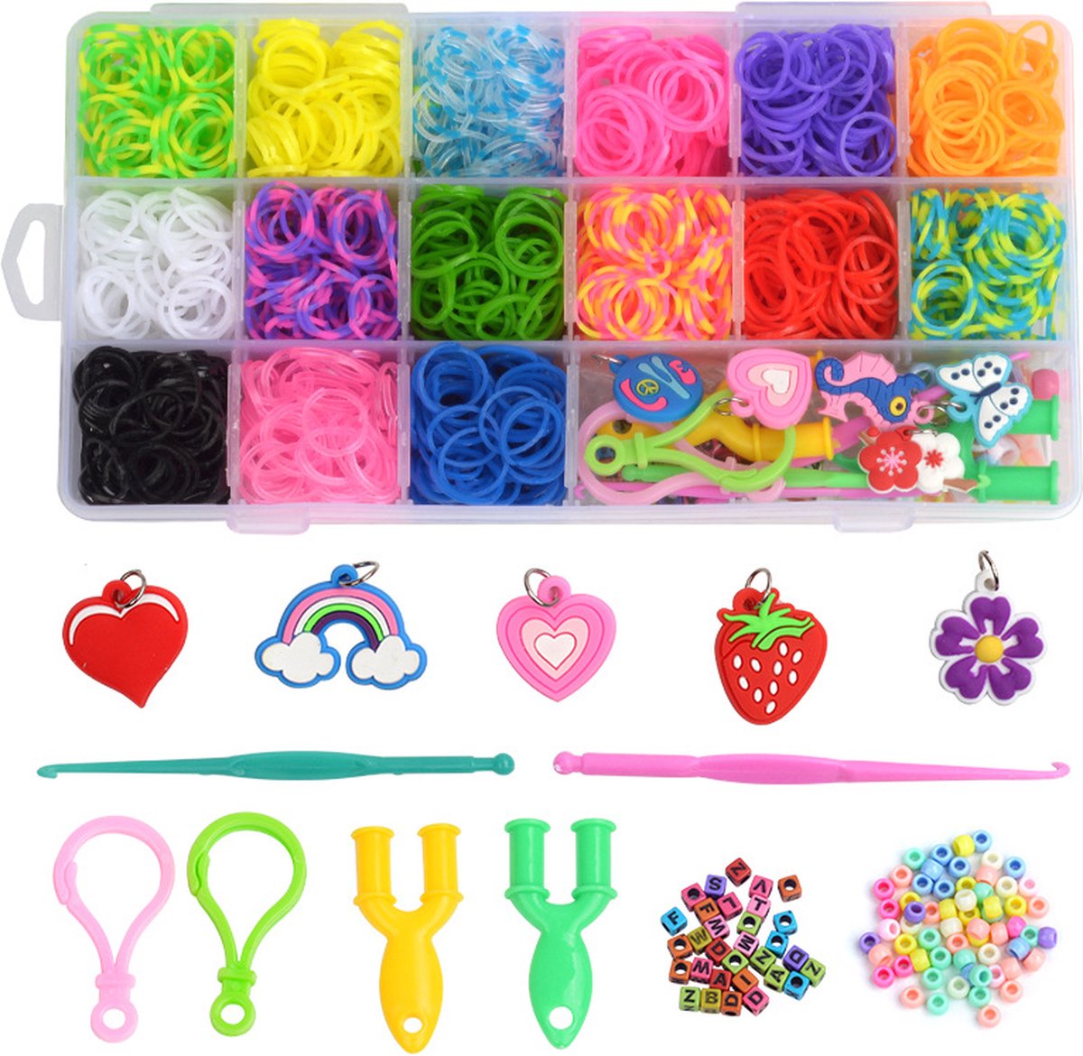 Behave Loombandjes Starterspakket Loom Pakket Loombox Loomelastiekjes Veel accesoires Milieuvriendelijke rubberhars 13 Kleuren 1500 stuks