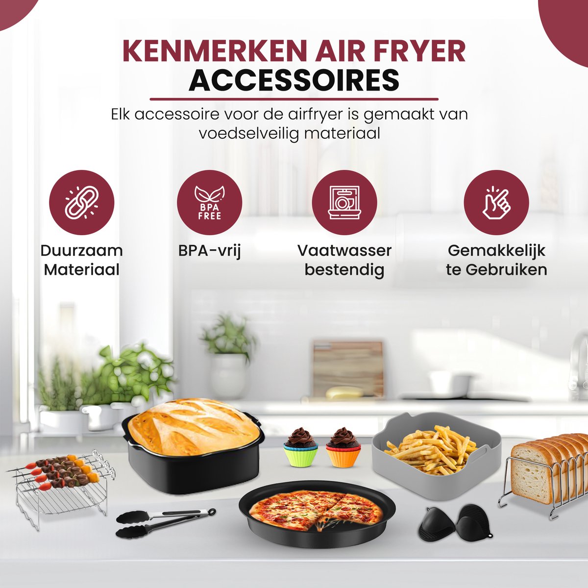 EnzoVita® Premium Airfryer Accessoires set - Meest Complete set - XL - Heteluchtfriteuse - Airfryer Accesoires set - Geschikt voor Airfryer XL en XXL - Inclusief Airfryer Siliconen Bakje & Nederlands Receptenboekje - Bakpapier — afbeelding 6