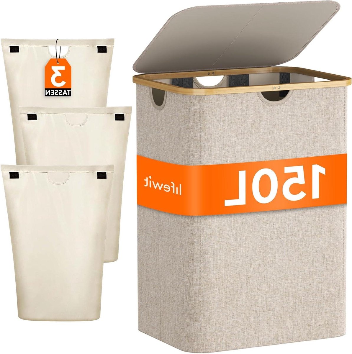 Grote Wasmand 150 L Met Deksel - 3 Vakken - Wassorteerbak - Beige