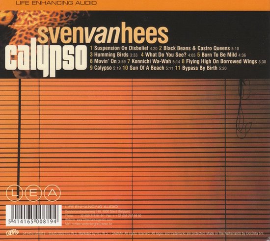 Achterkant CD-hoes met tracklist, tekst "sven vanhees calypso LIFE ENHANCING AUDIO" en oranje rolgordijn textuur.