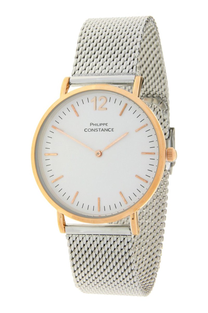 Horloge Big Chique Zilver-Rosé-Wit - Philippe Constance - Inclusief Batterij - Volledig RVS - Dames - Nikkelvrij