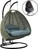Bol.com Hangstoel Dubai met Weerhoes - Zwart Frame - Bruin Basket - met Luxe Dusty Blue Kussen -146*70*124 - 2 persoons schommel... aanbieding