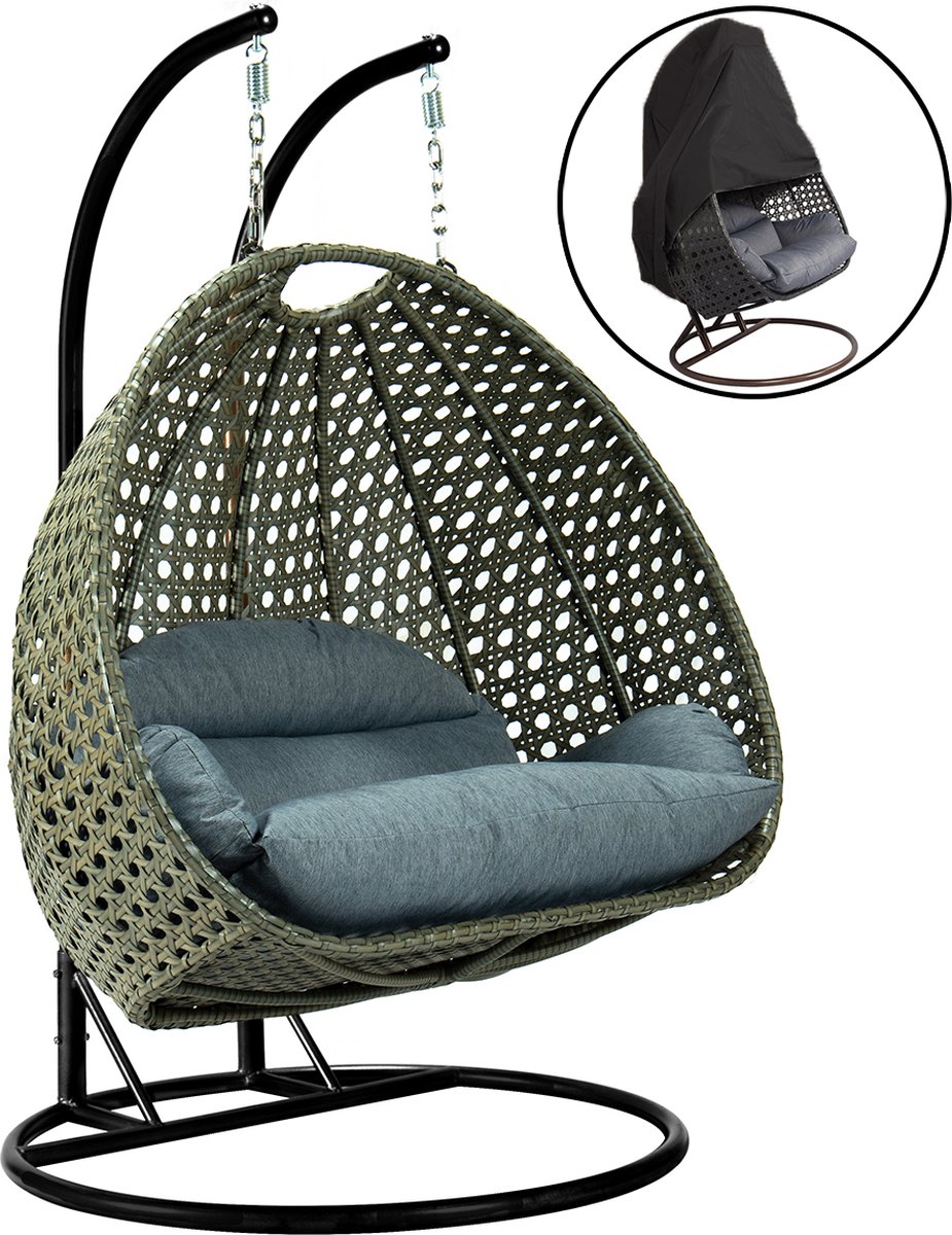 Ogarden Hangstoel Dubai met Weerhoes Zwart Frame Bruin Basket met Luxe Dusty Blue Kussen -146*70*124 2 persoons schommelstoel