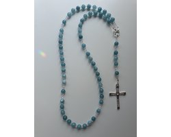 Rozenkrans, Paternoster gemaakt met Aquamarijn kralen (halfedelsteen) en o.a. Kristallen van Swarovski, gebedssnoer, kruisteken, Meditatie, spiritueel, geloof, geloofsteken, gebed, gebedssnoer, gebedsketting, kerstpakket cadeau