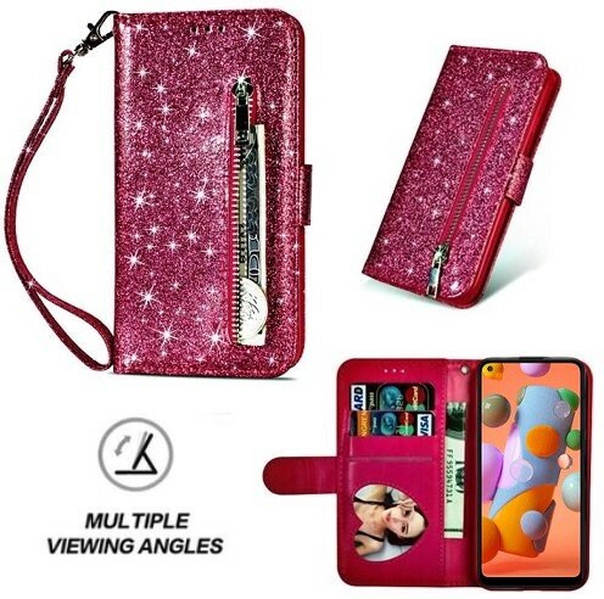 Samsung A11 Glitter Hoesje Met Pasjeshouder Bookcase Roze