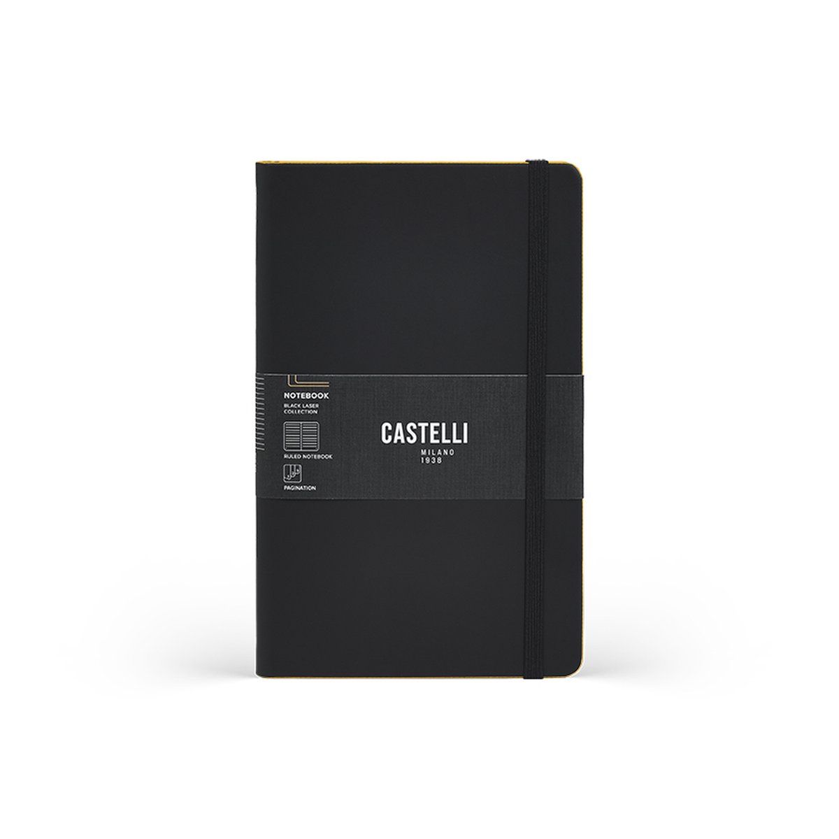 Notitieboek A5 Castelli Milano – 13×21 cm - Zwart - Black Laser / Yellow – gelinieerd – luxe Italiaans design – Made in Italy