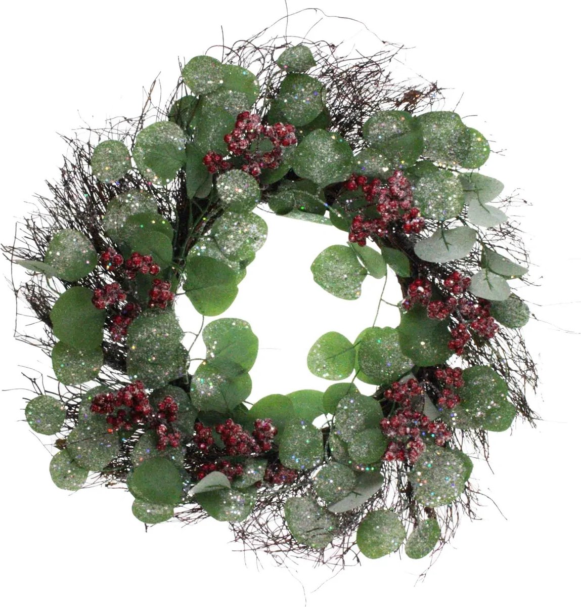 Krans Eucalyptus/ rode bessen glitter Ø55cm