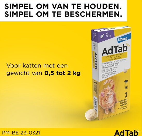 AdTab kauwtabletten voor katten met een gewicht van 0,5 tot 2 kg. 3 tabletten.