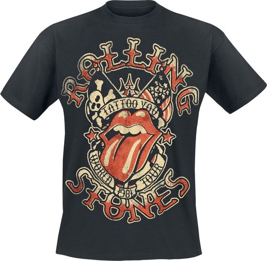Zwart T-shirt met rode en beige "Tattoo You World Tour 1981" opdruk.