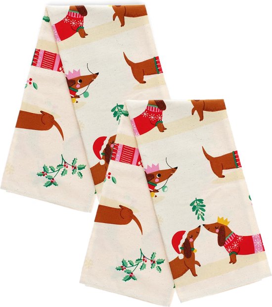 Teckel - lot de 2 torchons de cuisine - teckels - Noël - teckels de Noël - torchon - torchons - chien - torchon