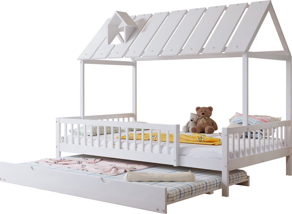Merax Kinderbed Huisbed met Uittrekbaar Logeerbed - Dak met Schoorsteen - 3-zijdige Beschermhekken - Wit - 120x200/190cm - Pine+MDF
