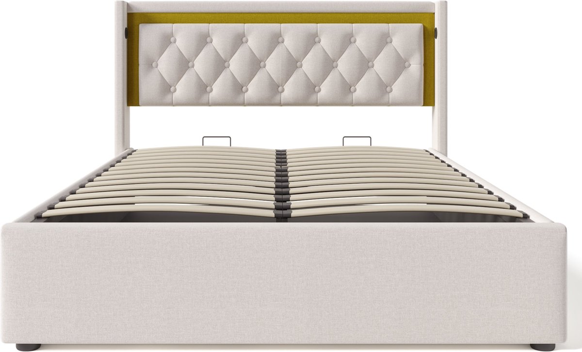 Merax Gestoffeerd Bed 140x200 cm met LED Verlichting - Opbergruimte en USB Type-C Oplaadfunctie - Inclusief Matras en Lattenbodem - Lichtbeige
