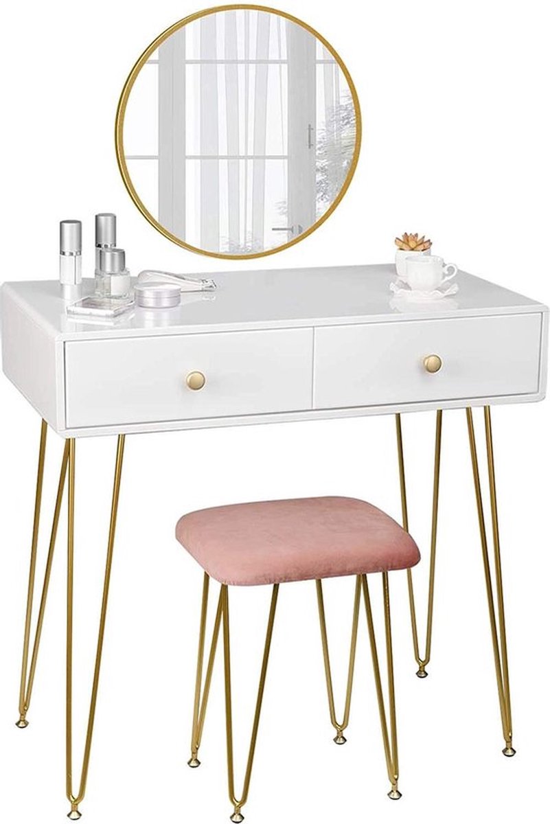 Thuys Luxe Kaptafel – Met Kruk en Spiegel – Make Up Tafel – Voor Vrouwen – Ronde Spiegel – Hoogwaardige Materialen – Roze & Wit Roze, Wit