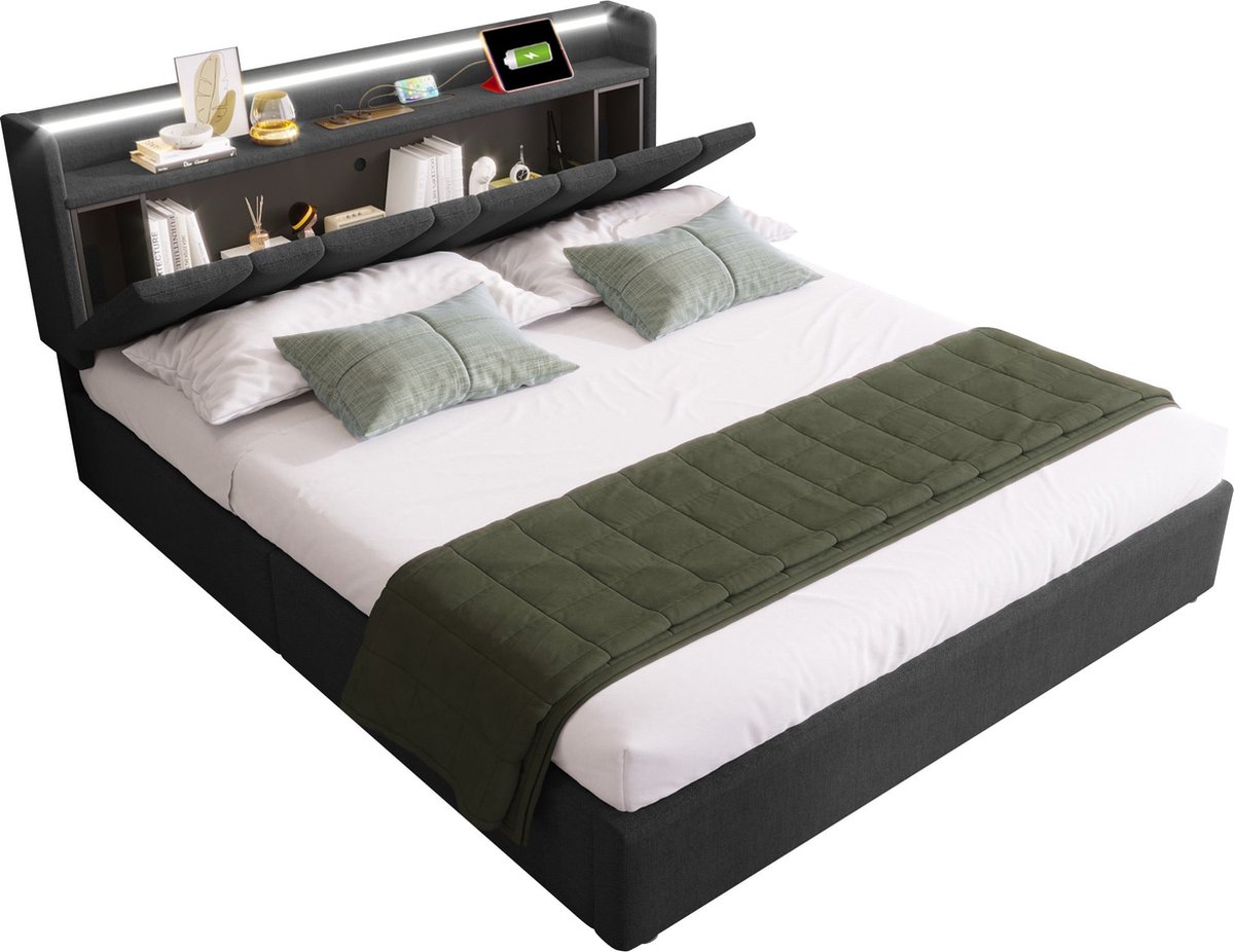 Merax Gestoffeerd Bed met USB-laadfunctie - Opbergruimte in het Hoofdeinde en LED-verlichting - Dubbelbed 140x200cm - Inclusief Matras - Grijs