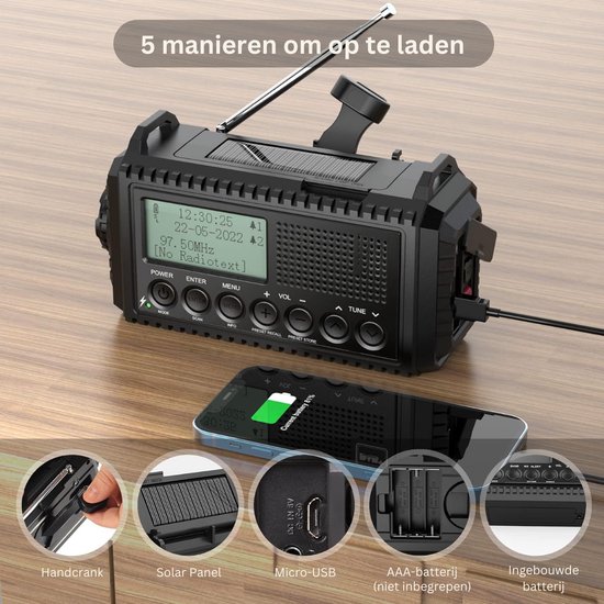 DAB/FM/AM draagbare crankradio - weerradio met fakkel en zonne
