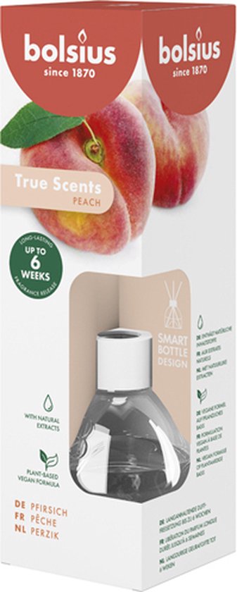 Verpakking Bolsius True Scents geurstokjes met perziksmaak.