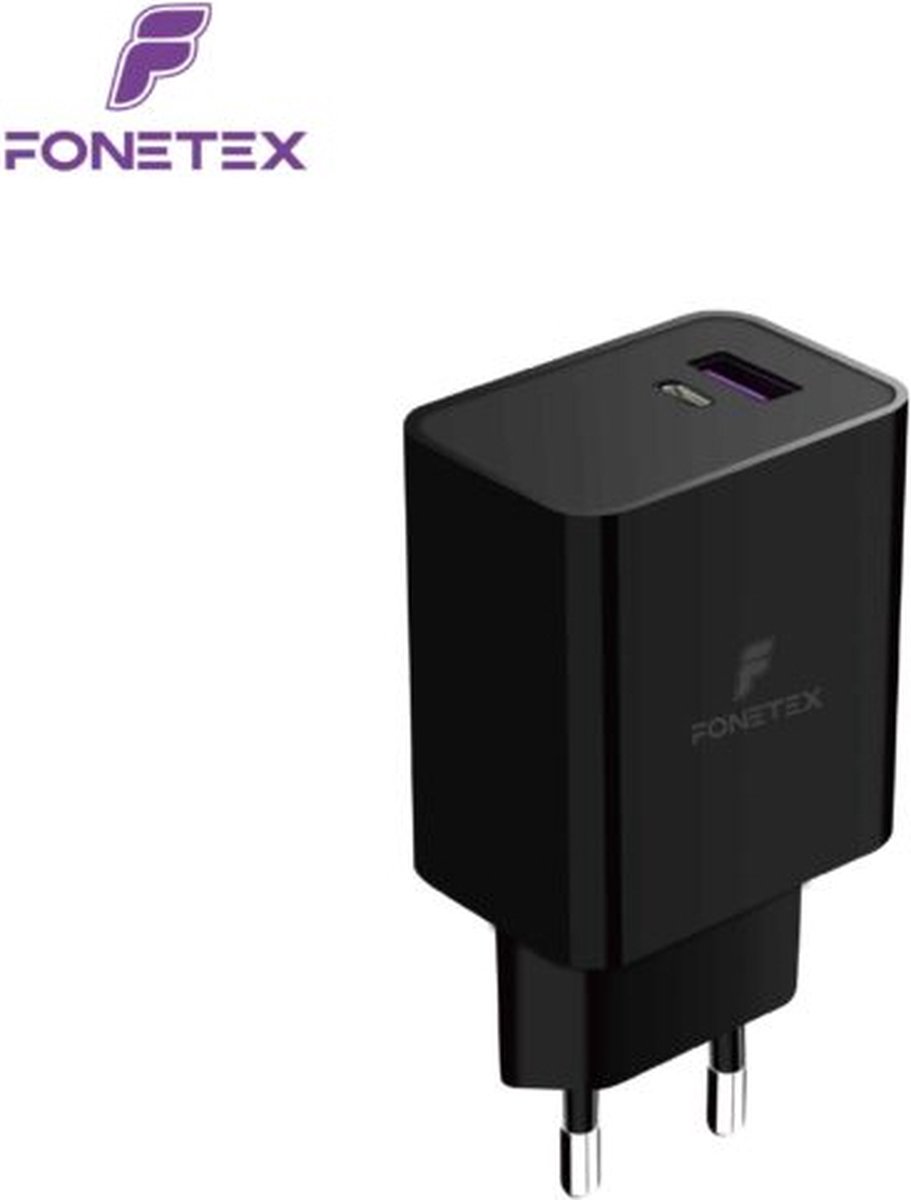 FoneTex 20W PD Adapter USB C - Snellader - 2 Poorten - Dubbele USB-C + USB-A Poort - Snellader - Power Adapter - Universeel - Zwart