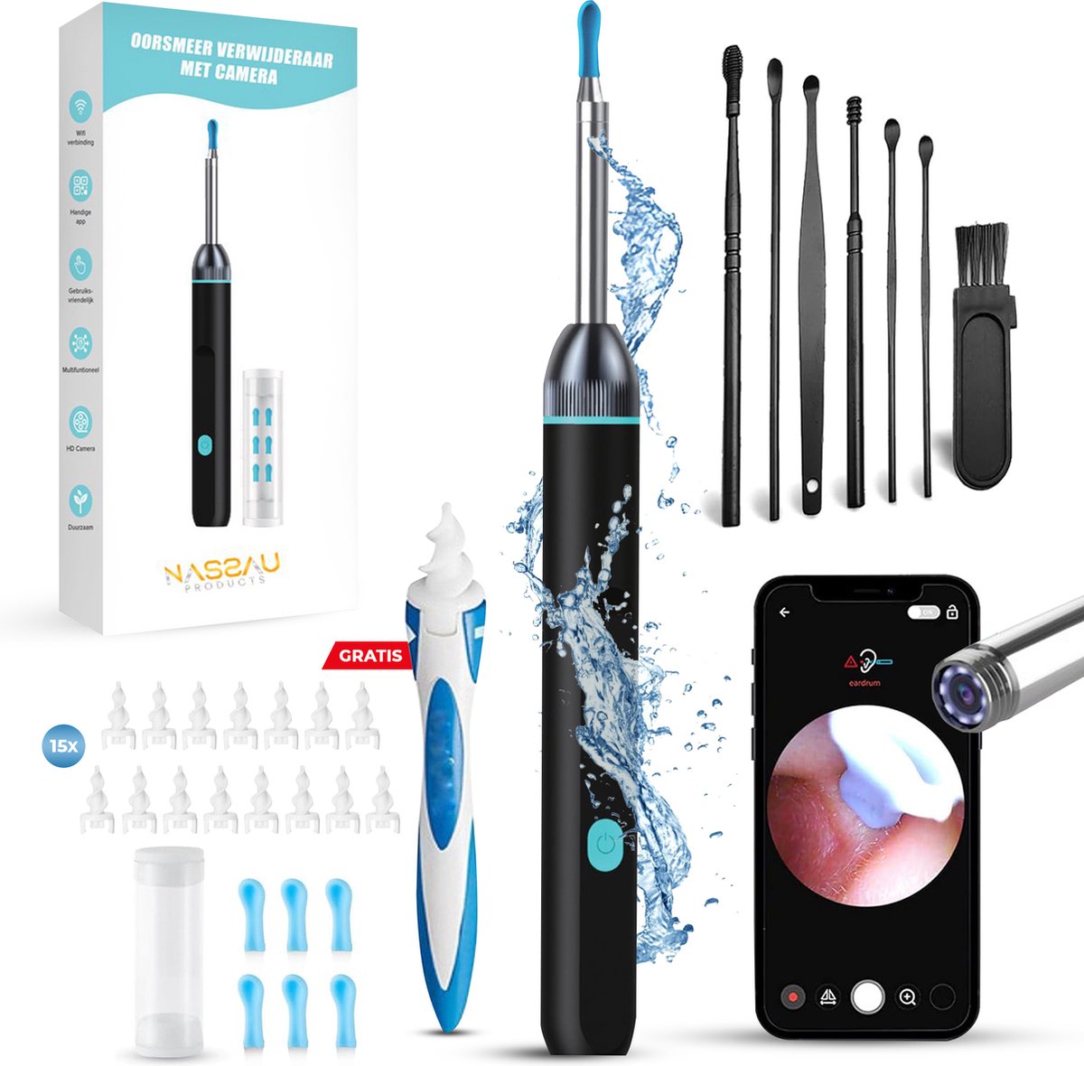 Goedkoopste Nassauproducts® Oorreiniger - Oorsmeer verwijderaar met camera- ear cleaner -Oorreiniging - Oorsmeer verwijderaar - Oorreiniger - Oorspuit - Oorsmeer - Oor Schoonmaken - Oorlepel - Reinigingsset