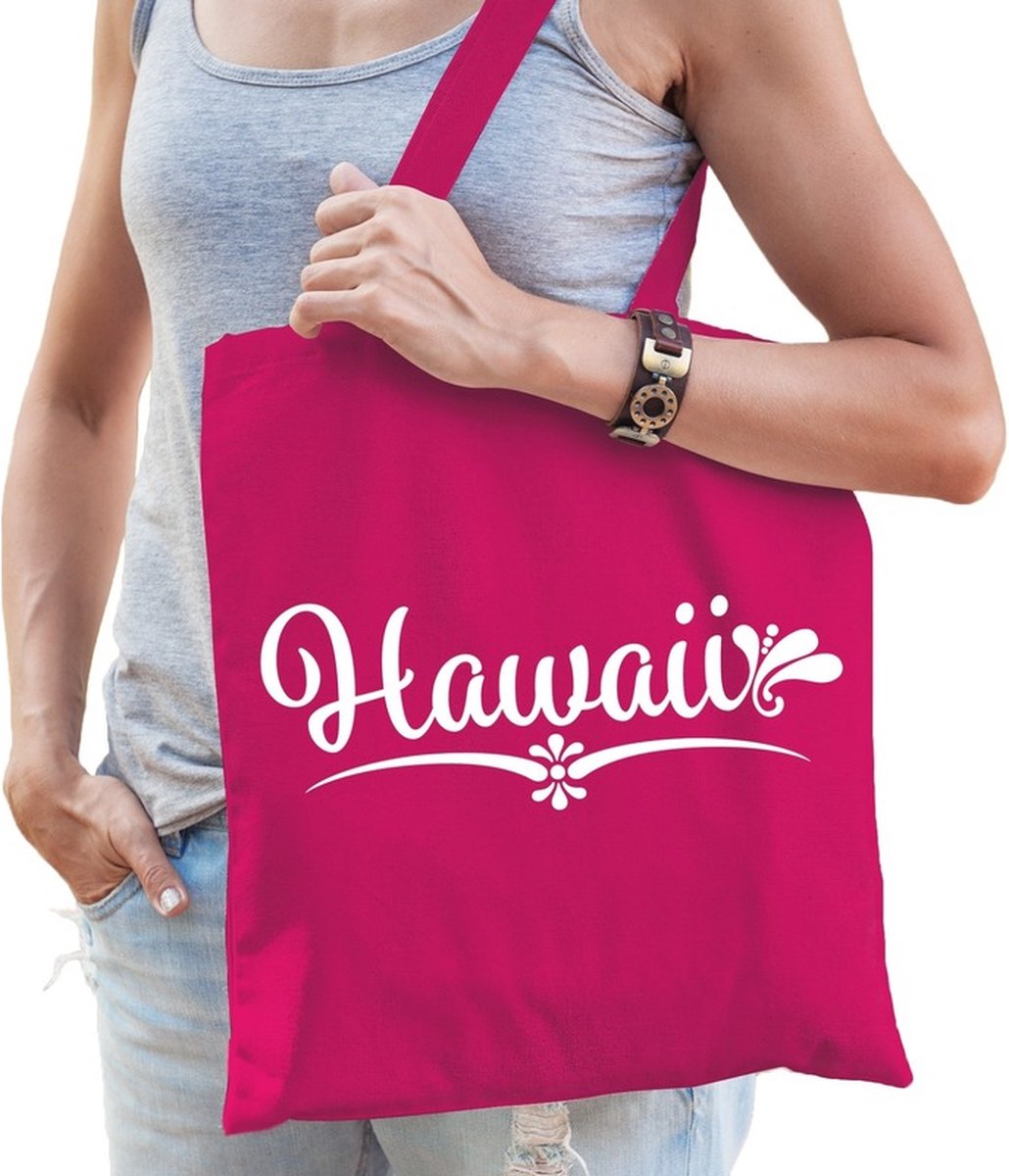 Katoenen tropisch Eiland tasje Hawaii fuchsia roze - 10 liter - cadeautas