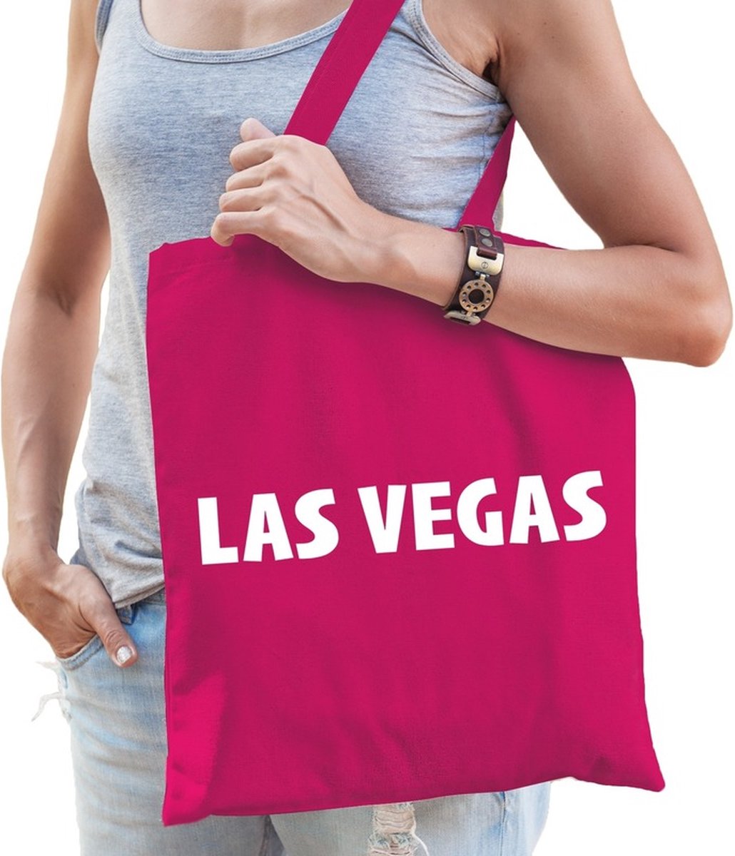 Katoenen USA/wereldstad tasje Las Vegas fuchsia roze - 10 liter - steden cadeautas