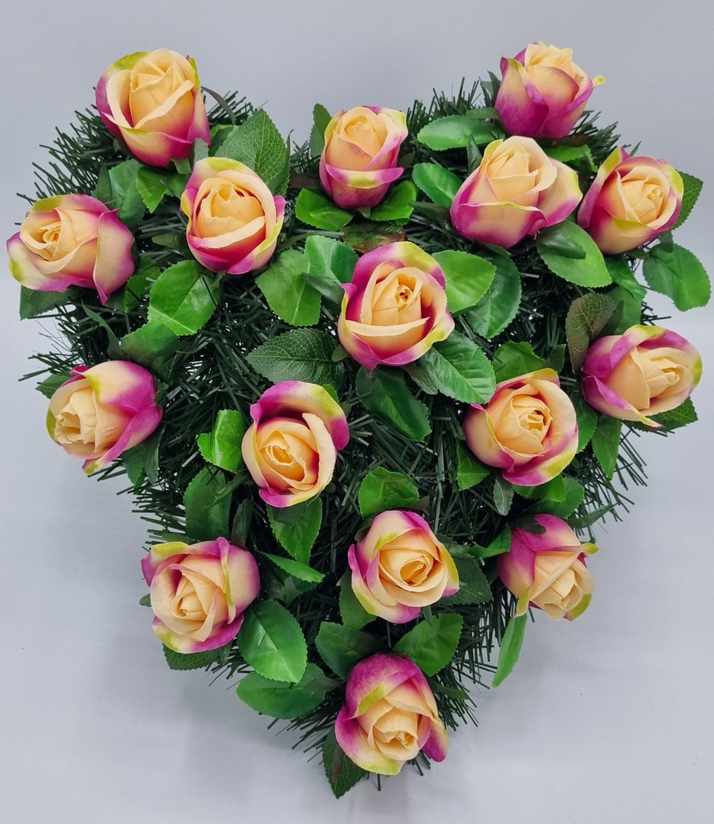 Bloemstuk - W115/09 - Hart - Roos - Roze/Paars - 40cm - Verzwaard - Buigzaam - Grafdecoratie