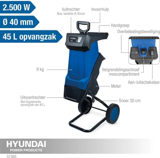 Hyundai Elektrische Hakselaar/Shredder 2500 Watt [57388] - Voor takken tot Ø40mm - Incl. 45L opvangzak & duwstok van HYUNDAI — afbeelding 2