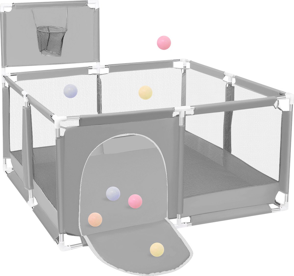 Comomy - Baby Speelbox 128x128x66cm - Grondbox Baby Speelhek - Oxford Kinderbox met Veiligheidsdeur - Grijs