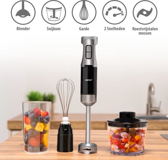 alpina Staafmixer Set HB6700F-N - Staafmixer met Hakmolen - Handmixer Elektrisch - Garde - Klopper - 1000W - Incl. 700ML Maatbeker - Mixer 4-in-1 - BPA-Vrij - RVS van Merkloos — afbeelding 2