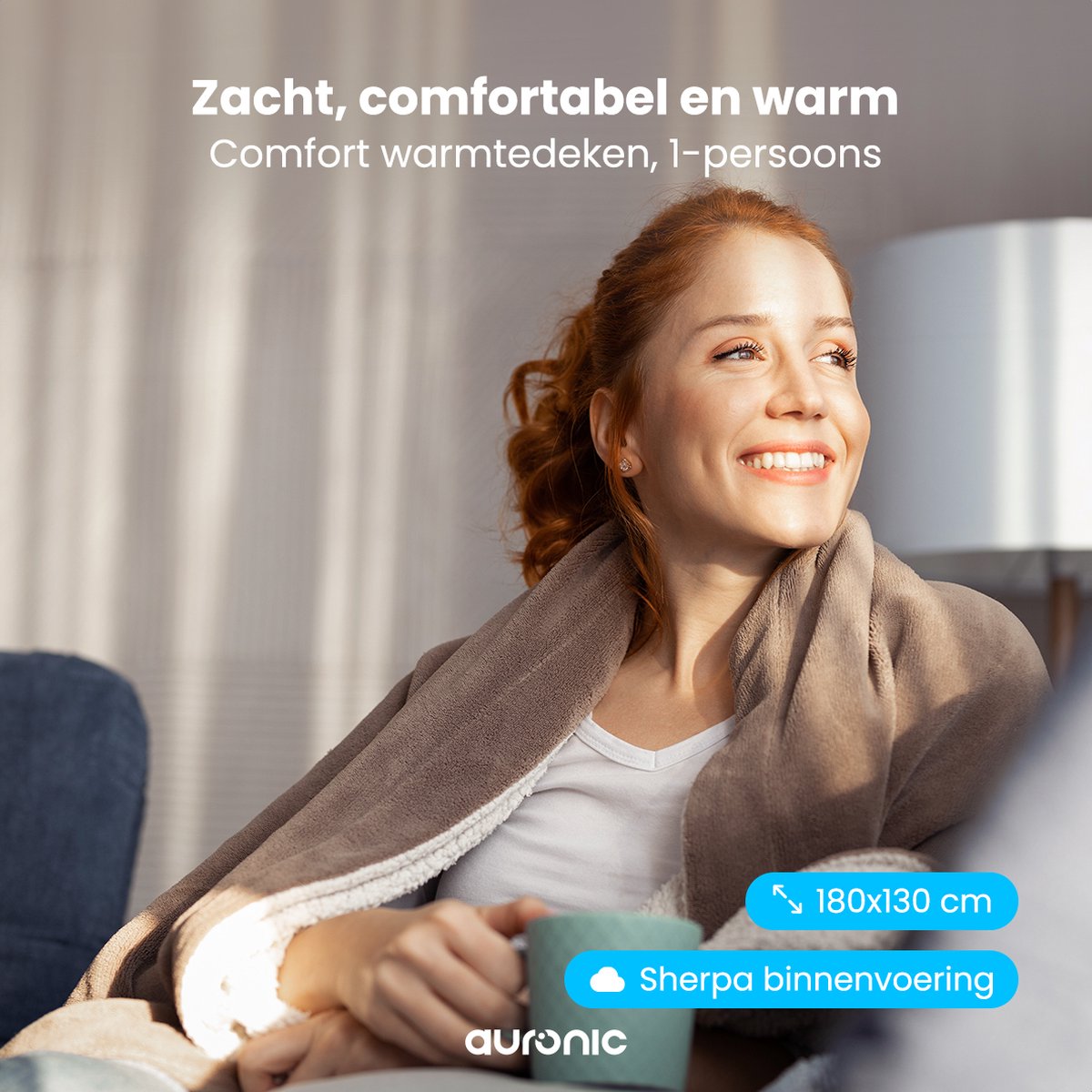 Afbeelding 2 van Auronic Elektrische Deken - Warmtedeken - Sherpa Fleece - 9 Hitte en Timerstanden - Bovendeken - 180x130 - 1 persoons - Taupe