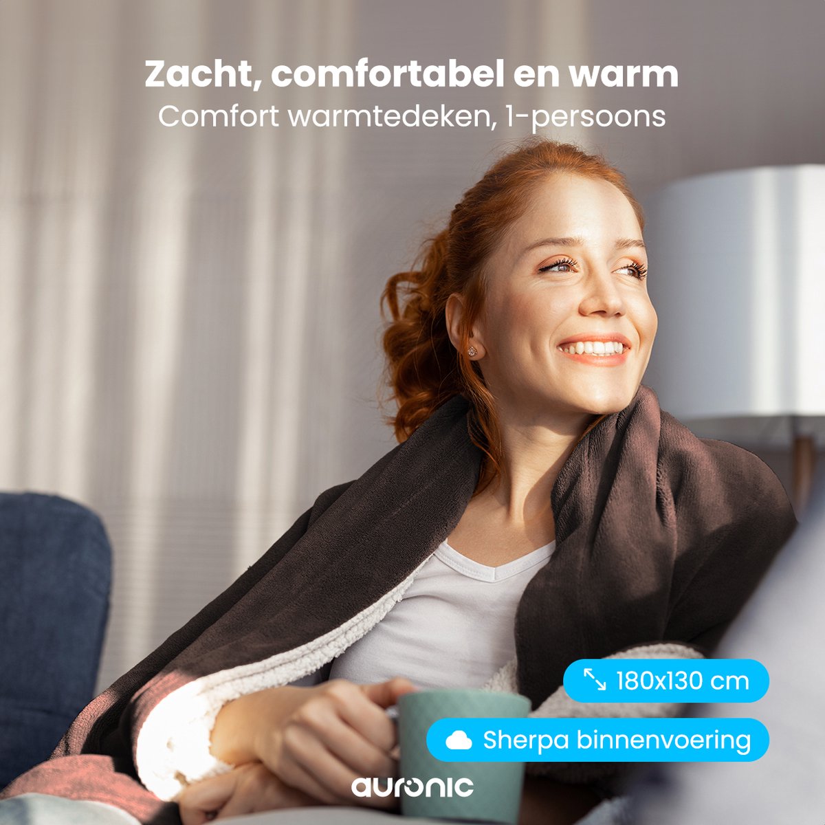 Afbeelding 2 van Auronic Elektrische Deken - Warmtedeken - Sherpa Fleece - 9 Hitte en Timerstanden - Bovendeken - 180x130 - 1 persoons - Bruin